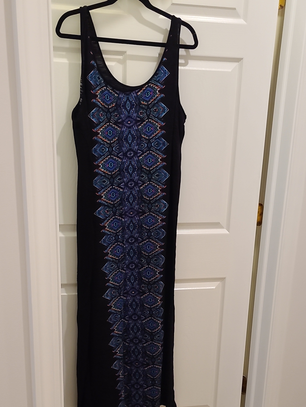 Pure Energy Black Maxi Tank Dress with Blue Geometric Panel